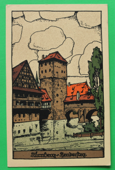 AK Nürnberg / 1910-20 / Litho / Henkersteg Turm Gebäude / Künstler Steinzeichnung Stein-Zeichnung / Monogramm L